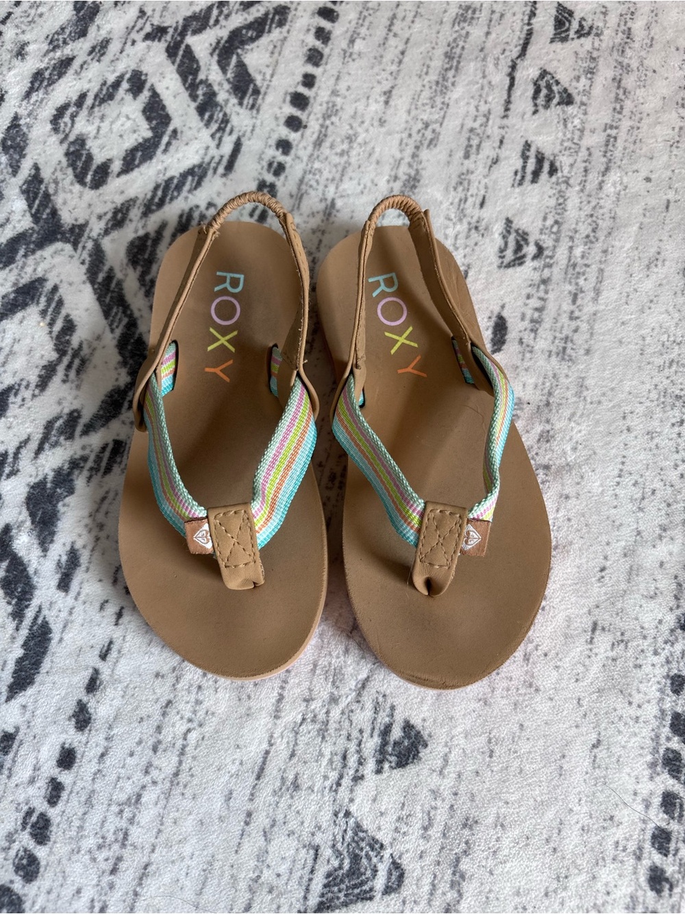 Roxy Tan Sandals with Mint, Pink, Yellow and Blue Straps